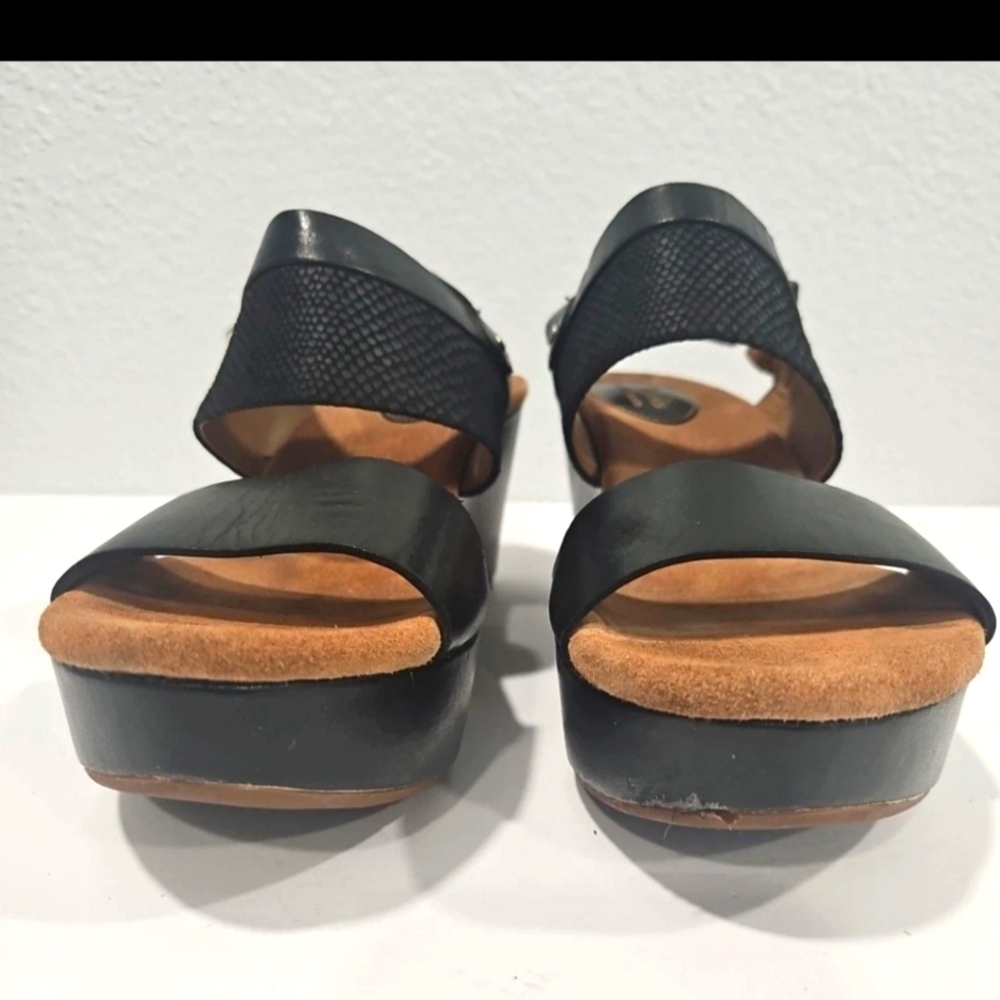 Clarks Black Leather Wedge Sandals with Buckle Strap - Picture 6 of 9